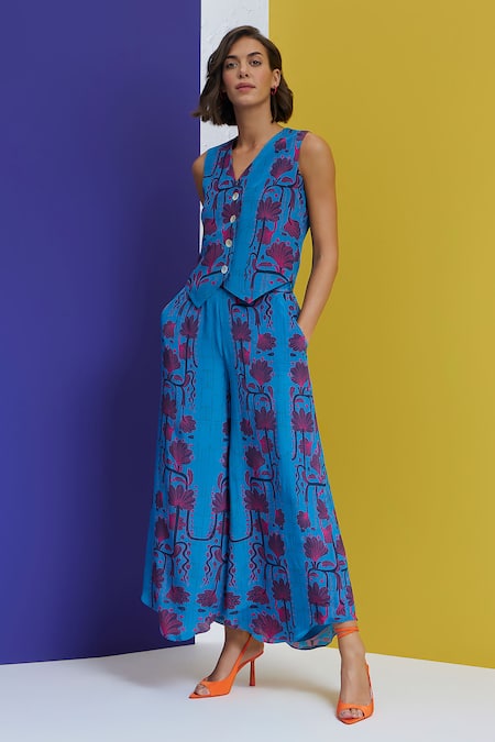 Nautanky_Blue Crepe Embroidery V-neck Surreal Floral Print Waistcoat And Pant Set _Online_at_Aza_Fashions