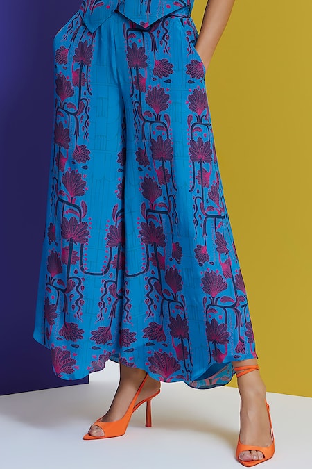 Buy_Nautanky_Blue Crepe Embroidery V-neck Surreal Floral Print Waistcoat And Pant Set _Online_at_Aza_Fashions