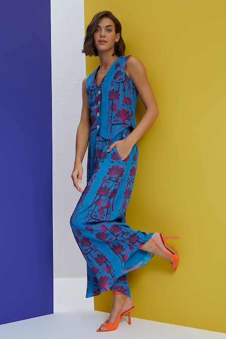Nautanky_Blue Crepe Embroidery V-neck Surreal Floral Print Waistcoat And Pant Set _at_Aza_Fashions