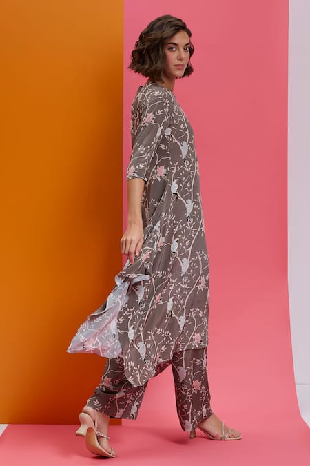 Shop_Nautanky_Grey Cotton, Crepe Round Neck This Is She Bird Print Kurta And Pant Set _at_Aza_Fashions