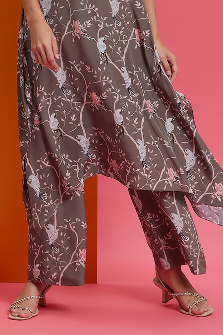 Nautanky_Grey Cotton, Crepe Round Neck This Is She Bird Print Kurta And Pant Set _Online_at_Aza_Fashions