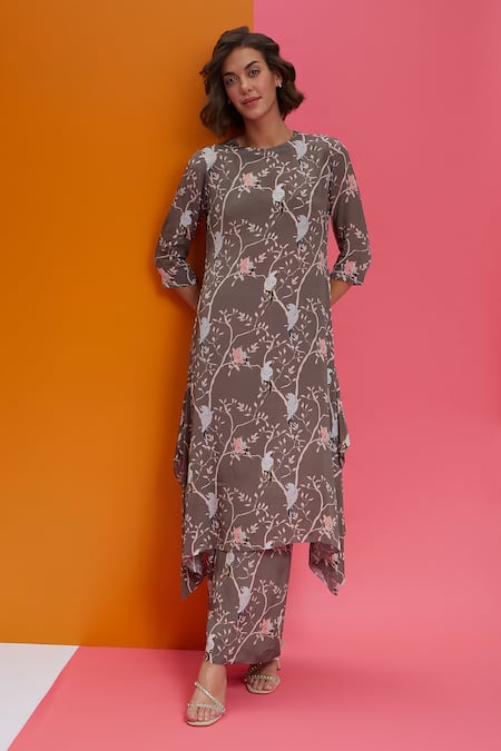 Nautanky_Grey Cotton, Crepe Round Neck This Is She Bird Print Kurta And Pant Set _at_Aza_Fashions
