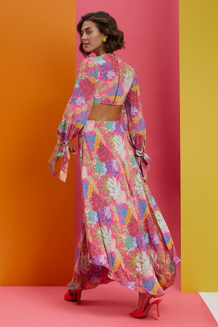 Shop Nautanky Pink Crepe Embroidery V-neck Try Me Coral Print High-low Dress at Aza Fashions Shop_Nautanky_Pink Crepe Embroidery V-neck Try Me Coral Print High-low Dress _at_Aza_Fashions