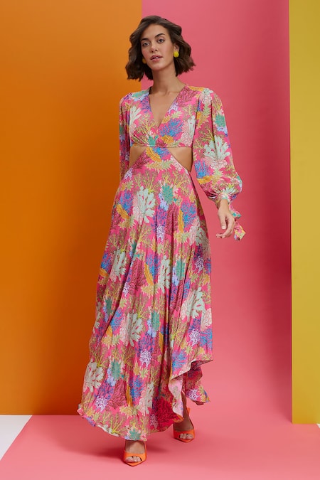 Nautanky Pink Crepe Embroidery V-neck Try Me Coral Print High-low Dress Online at Aza Fashions Nautanky_Pink Crepe Embroidery V-neck Try Me Coral Print High-low Dress _Online_at_Aza_Fashions