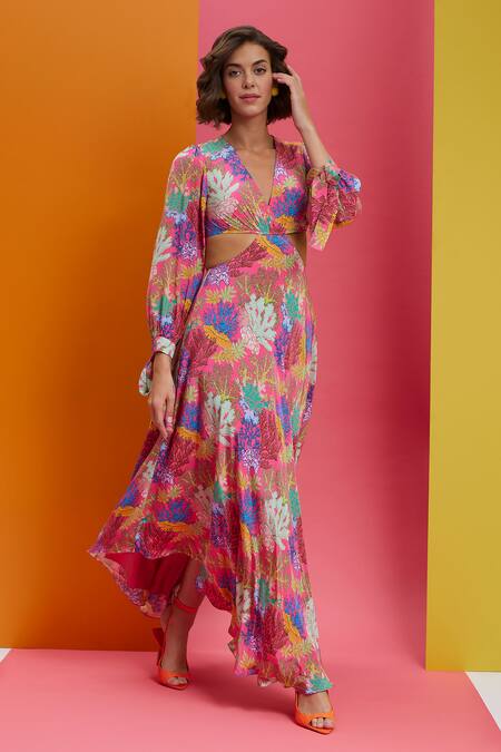 Buy Nautanky Pink Crepe Embroidery V-neck Try Me Coral Print High-low Dress Online at Aza Fashions Buy_Nautanky_Pink Crepe Embroidery V-neck Try Me Coral Print High-low Dress _Online_at_Aza_Fashions