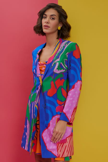 Nautanky_Blue Crepe Cowl Neck Unfazed Abstract Print Blazer With Slip Dress _Online_at_Aza_Fashions