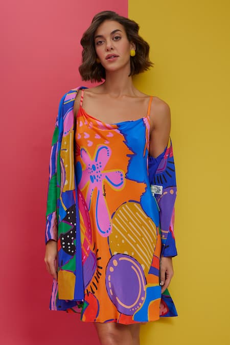 Shop_Nautanky_Blue Crepe Cowl Neck Unfazed Abstract Print Blazer With Slip Dress _Online_at_Aza_Fashions