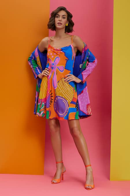 Nautanky_Blue Crepe Cowl Neck Unfazed Abstract Print Blazer With Slip Dress _at_Aza_Fashions