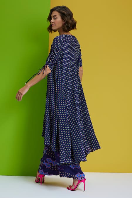 Shop Nautanky Blue Crepe Embroidery Round Neck Do Abtract Print Tunic And Pant Set at Aza Fashions Shop_Nautanky_Blue Crepe Embroidery Round Neck Do Abtract Print Tunic And Pant Set _at_Aza_Fashions