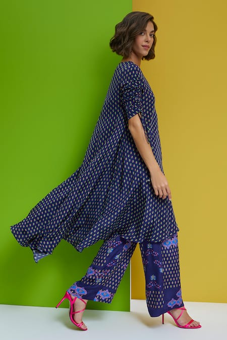 Buy Nautanky Blue Crepe Embroidery Round Neck Do Abtract Print Tunic And Pant Set Online at Aza Fashions Buy_Nautanky_Blue Crepe Embroidery Round Neck Do Abtract Print Tunic And Pant Set _Online_at_Aza_Fashions
