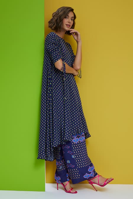 Shop Nautanky Blue Crepe Embroidery Round Neck Do Abtract Print Tunic And Pant Set Online at Aza Fashions Shop_Nautanky_Blue Crepe Embroidery Round Neck Do Abtract Print Tunic And Pant Set _Online_at_Aza_Fashions