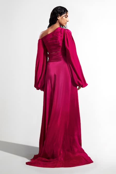 Deme By Gabriella Magenta Asymmetric Gown With Balloon Sleeves 