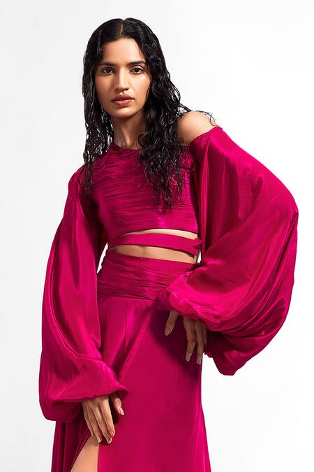 Deme By Gabriella_Magenta Crepe Asymmetric Gown With Balloon Sleeves _Online_at_Aza_Fashions