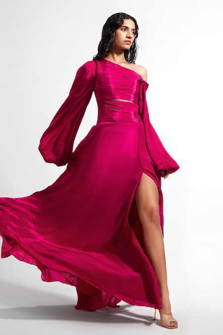 Buy_Deme By Gabriella_Magenta Crepe Asymmetric Gown With Balloon Sleeves _Online_at_Aza_Fashions