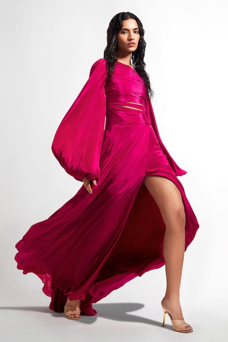 Shop_Deme By Gabriella_Magenta Crepe Asymmetric Gown With Balloon Sleeves _Online_at_Aza_Fashions