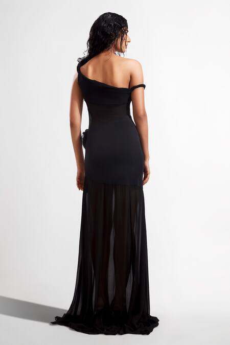 Shop Deme By Gabriella Black Chiffon, Net, Lycra Fabric Flowers Floral Applique One Shoulder Gown at Aza Fashions Shop_Deme By Gabriella_Black Chiffon, Net, Lycra Fabric Flowers Floral Applique One Shoulder Gown _at_Aza_Fashions