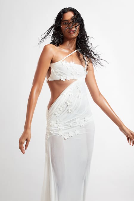 Buy Deme By Gabriella White Net, Lycra Embroidery Asymmetric Leslie One Shoulder Draped Dress Online at Aza Fashions Buy_Deme By Gabriella_White Net, Lycra Embroidery Asymmetric Leslie One Shoulder Draped Dress _Online_at_Aza_Fashions