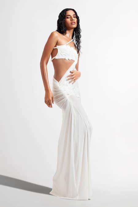 Shop Deme By Gabriella White Net, Lycra Embroidery Asymmetric Leslie One Shoulder Draped Dress Online at Aza Fashions Shop_Deme By Gabriella_White Net, Lycra Embroidery Asymmetric Leslie One Shoulder Draped Dress _Online_at_Aza_Fashions