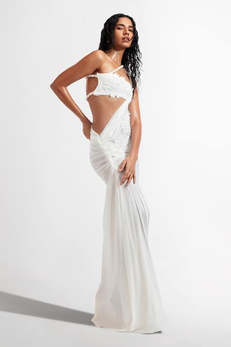 Deme By Gabriella White Net, Lycra Embroidery Asymmetric Leslie One Shoulder Draped Dress at Aza Fashions Deme By Gabriella_White Net, Lycra Embroidery Asymmetric Leslie One Shoulder Draped Dress _at_Aza_Fashions