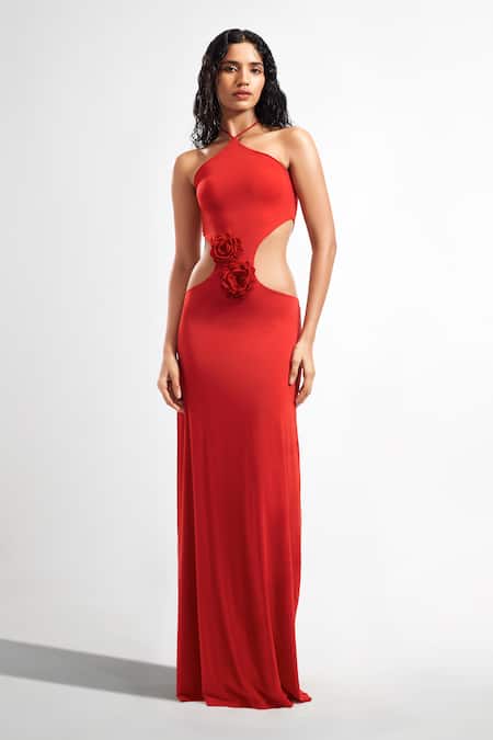 Deme By Gabriella Red Lycra Embroidery Halter Neck Sylvie Crochet Flower Dress 