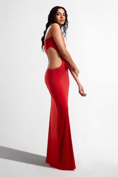 Deme By Gabriella Red Lycra Embroidery Halter Neck Sylvie Crochet Flower Dress Online at Aza Fashions Deme By Gabriella_Red Lycra Embroidery Halter Neck Sylvie Crochet Flower Dress _Online_at_Aza_Fashions