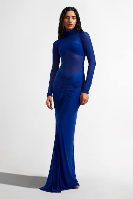 Buy Blue Net Plain Round High Neck Dress For Women by Deme by Gabriella  Online at Aza Fashions.