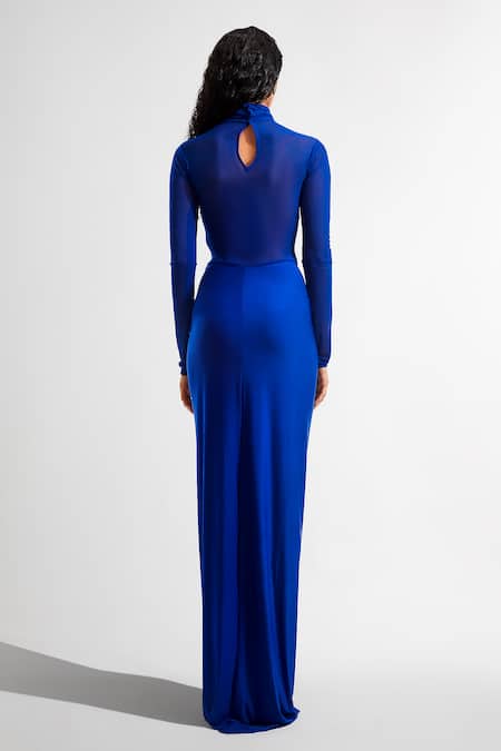 Deme by Gabriella - Blue Net Plain Round High Neck Dress For Women
