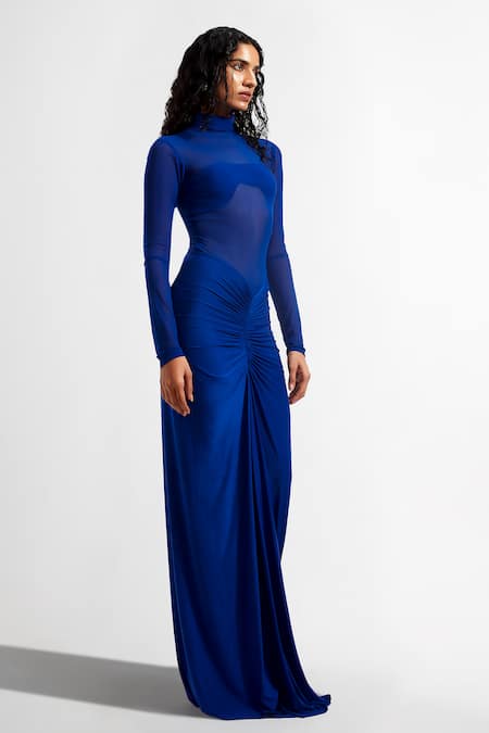 Deme By Gabriella Blue Net, Lycra Round Neck High Dress Online at Aza Fashions Deme By Gabriella_Blue Net, Lycra Round Neck High Dress _Online_at_Aza_Fashions