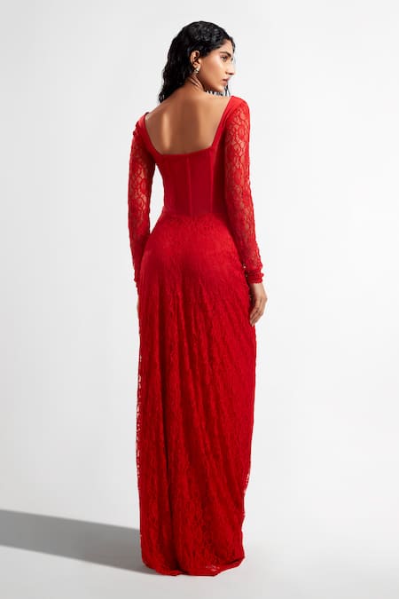 Shop Deme By Gabriella Red Sweetheart Neck Kat Embroidered Draped Dress at Aza Fashions Shop_Deme By Gabriella_Red Sweetheart Neck Kat Embroidered Draped Dress _at_Aza_Fashions
