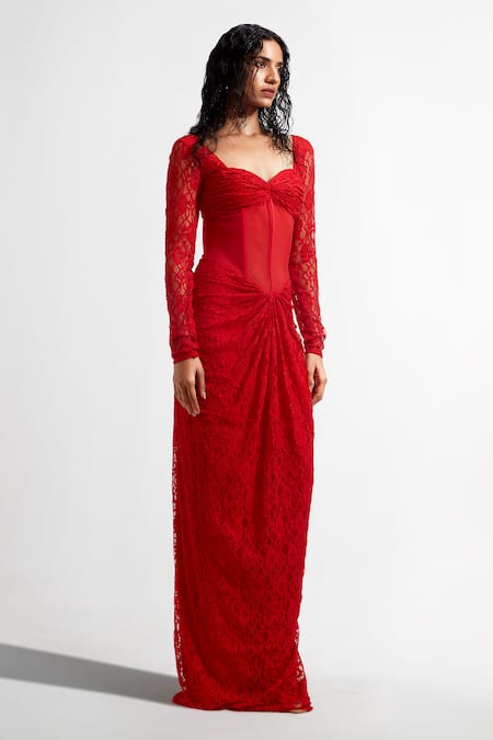 Buy Deme By Gabriella Red Sweetheart Neck Kat Embroidered Draped Dress Online at Aza Fashions Buy_Deme By Gabriella_Red Sweetheart Neck Kat Embroidered Draped Dress _Online_at_Aza_Fashions
