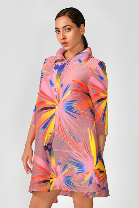 Crimp_Pink Polyester Shawl Neck Abstract Pattern Dress_Online_at_Aza_Fashions