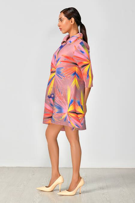 Buy_Crimp_Pink Polyester Shawl Neck Abstract Pattern Dress_Online_at_Aza_Fashions