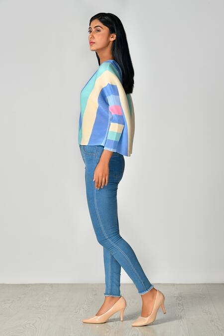 Buy_Crimp_Sky Blue Polyester Round Neck Chevron Pattern Top_Online_at_Aza_Fashions