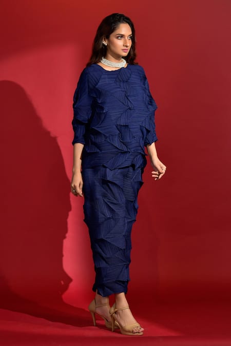 Shop Crimp Blue Polyester Boat Neck Chevron Textured Pattern Top With Pant at Aza Fashions Shop_Crimp_Blue Polyester Boat Neck Chevron Textured Pattern Top With Pant_at_Aza_Fashions