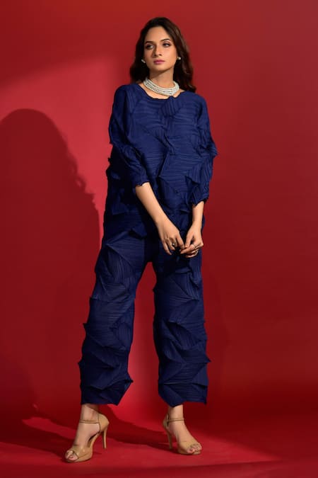 Buy Crimp Blue Polyester Boat Neck Chevron Textured Pattern Top With Pant Online at Aza Fashions Buy_Crimp_Blue Polyester Boat Neck Chevron Textured Pattern Top With Pant_Online_at_Aza_Fashions