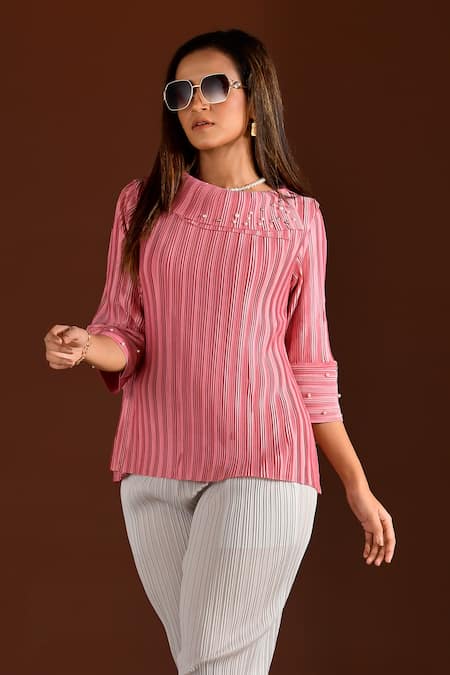 Crimp_Pink Polyester Pearls Boat Neck Textured Embellished Top _Online_at_Aza_Fashions