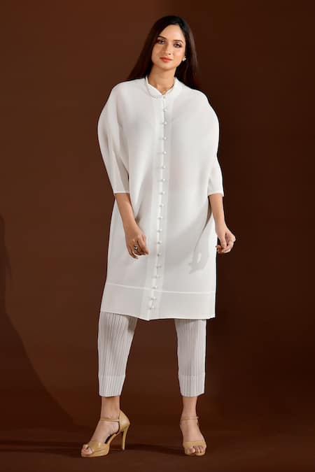 Buy_Crimp_White Polyester V-neck Button Down Long Top With Pant_Online_at_Aza_Fashions