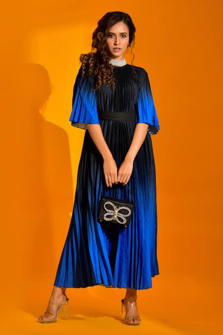 Buy Crimp Blue Polyester Round Neck Pleated Textured Maxi Dress at Aza Fashions Buy_Crimp_Blue Polyester Round Neck Pleated Textured Maxi Dress_at_Aza_Fashions