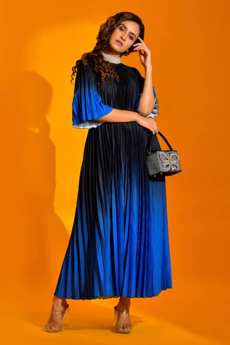 Shop Crimp Blue Polyester Round Neck Pleated Textured Maxi Dress at Aza Fashions Shop_Crimp_Blue Polyester Round Neck Pleated Textured Maxi Dress_at_Aza_Fashions