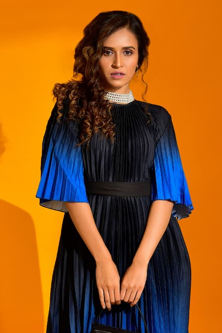 Crimp Blue Polyester Round Neck Pleated Textured Maxi Dress Online at Aza Fashions Crimp_Blue Polyester Round Neck Pleated Textured Maxi Dress_Online_at_Aza_Fashions