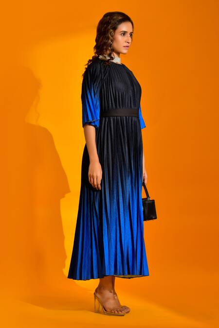 Buy Crimp Blue Polyester Round Neck Pleated Textured Maxi Dress Online at Aza Fashions Buy_Crimp_Blue Polyester Round Neck Pleated Textured Maxi Dress_Online_at_Aza_Fashions