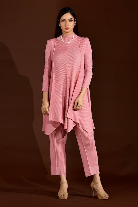 Crimp Pink Polyester High Neck A-line Pleated Top And Pant Set 