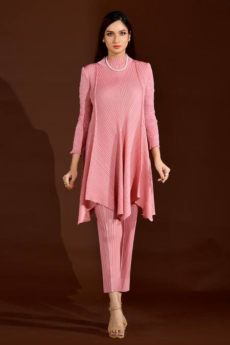 Buy_Crimp_Pink Polyester High Neck A-line Pleated Top And Pant Set_Online_at_Aza_Fashions