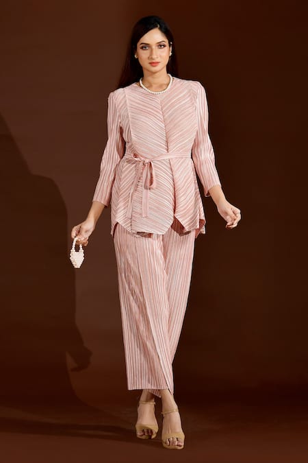 Crimp Pink 100% Polyester Pleated Textured Round Neck Metallic Top And Pant Set 