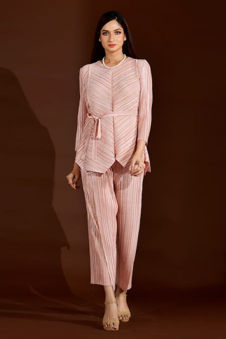 Shop Crimp Pink Polyester Round Neck Metallic Pleated Top And Pant Set at Aza Fashions Shop_Crimp_Pink Polyester Round Neck Metallic Pleated Top And Pant Set_at_Aza_Fashions