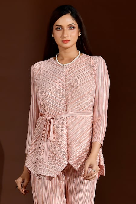 Crimp Pink Polyester Round Neck Metallic Pleated Top And Pant Set Online at Aza Fashions Crimp_Pink Polyester Round Neck Metallic Pleated Top And Pant Set_Online_at_Aza_Fashions