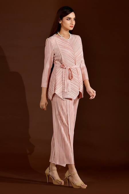 Buy Crimp Pink Polyester Round Neck Metallic Pleated Top And Pant Set Online at Aza Fashions Buy_Crimp_Pink Polyester Round Neck Metallic Pleated Top And Pant Set_Online_at_Aza_Fashions
