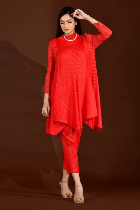 Buy_Crimp_Red Polyester High Neck Pleated Asymmetric Top And Pant Set_Online_at_Aza_Fashions