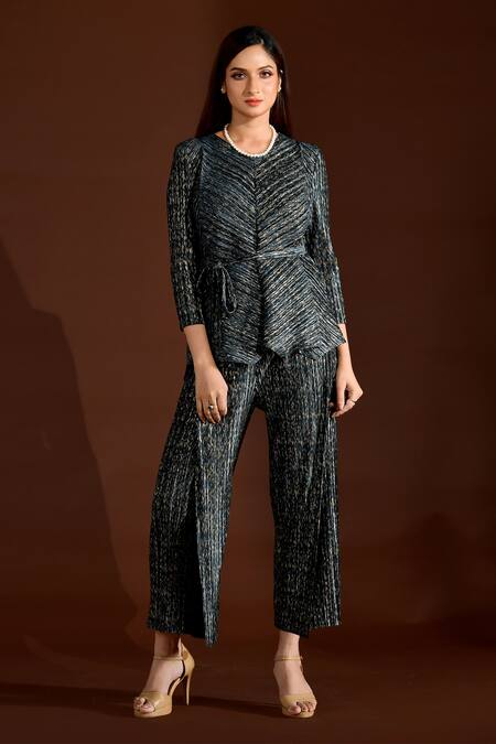 Buy Crimp Blue Polyester Round Neck Pleated Textured Top And Pant Set at Aza Fashions Buy_Crimp_Blue Polyester Round Neck Pleated Textured Top And Pant Set_at_Aza_Fashions