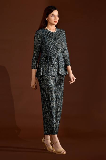 Shop Crimp Blue Polyester Round Neck Pleated Textured Top And Pant Set at Aza Fashions Shop_Crimp_Blue Polyester Round Neck Pleated Textured Top And Pant Set_at_Aza_Fashions